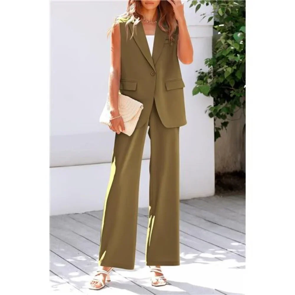 Sleeveless Blazer Set Wide Leg Pants Business Casual V Neck Vest Women - Picture 5 of 6